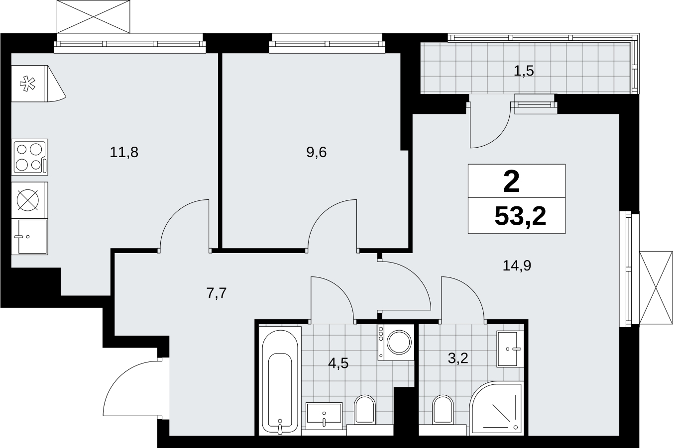 2-комнатная квартира в ЖК Дыхание на 6 этаже в 1 секции. Сдача в 2 кв. 2016 г.