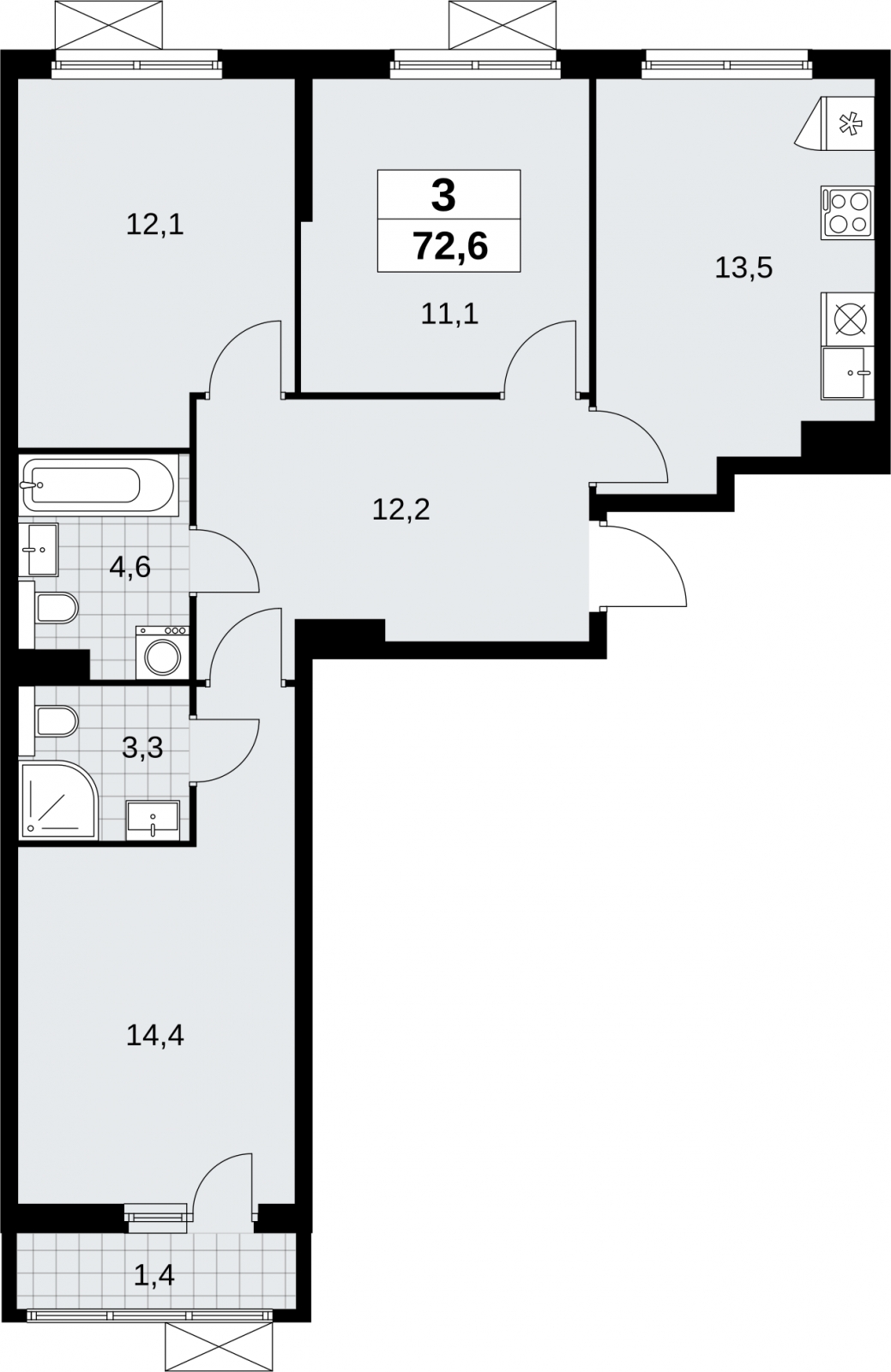3-комнатная квартира в ЖК Дыхание на 2 этаже в 1 секции. Сдача в 2 кв. 2016 г.