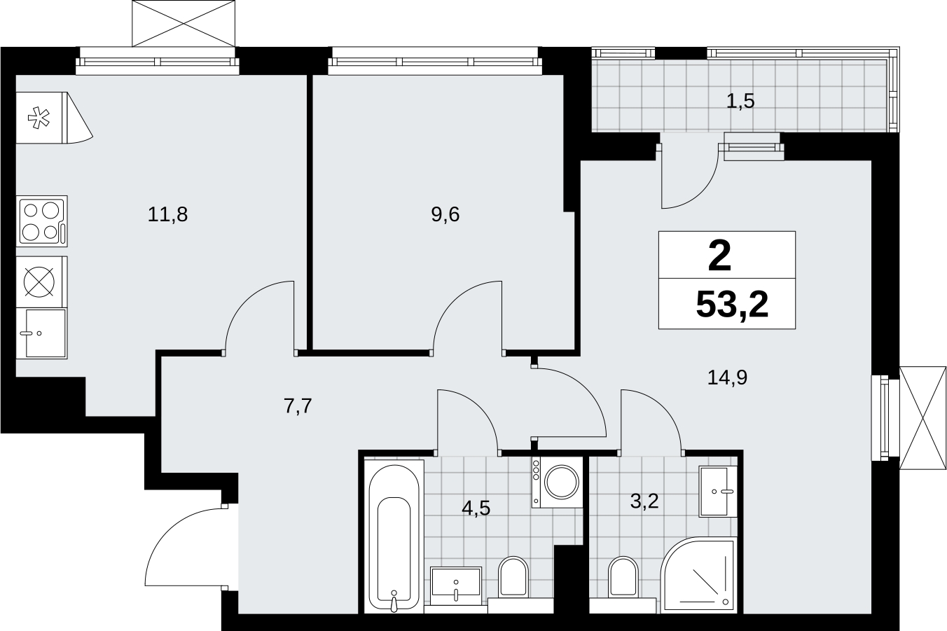 2-комнатная квартира в ЖК Дыхание на 19 этаже в 1 секции. Сдача в 2 кв. 2016 г.
