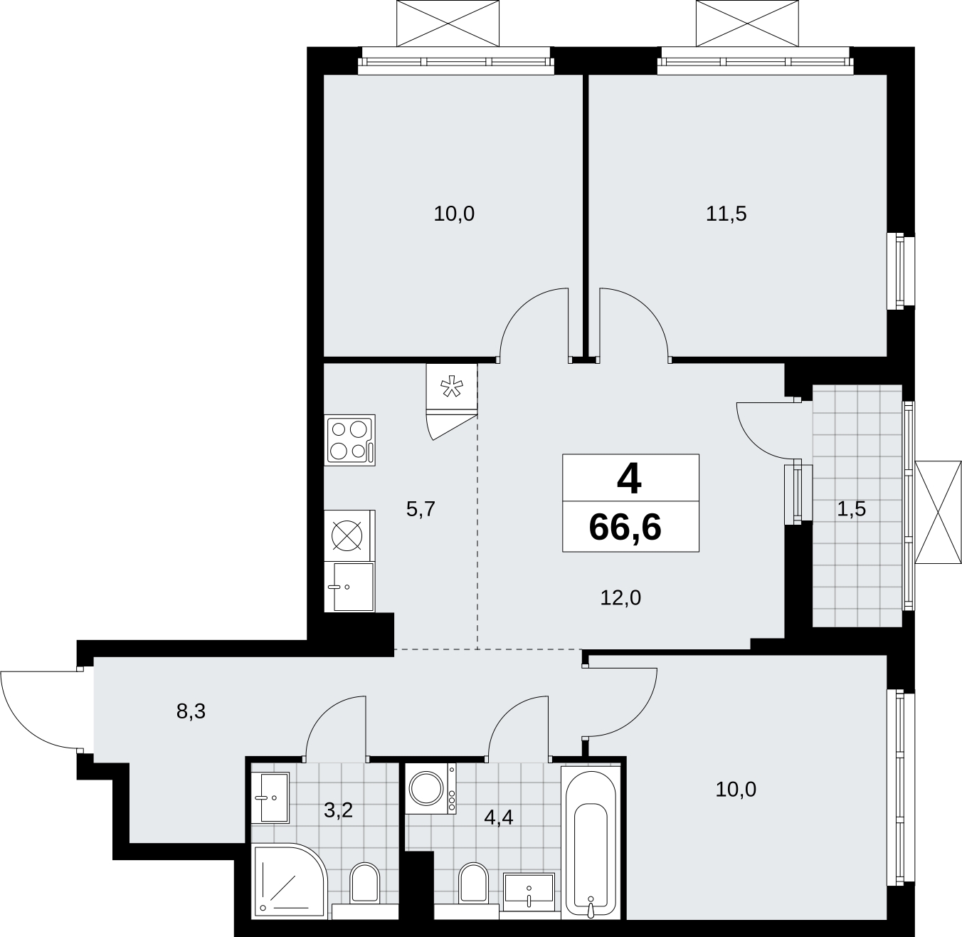 3-комнатная квартира в ЖК Дыхание на 4 этаже в 1 секции. Сдача в 2 кв. 2016 г.