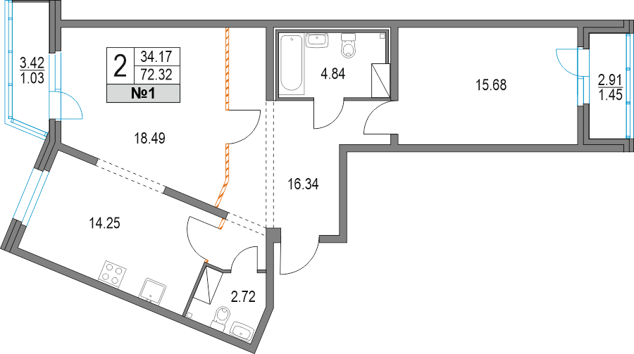 1-комнатная квартира в ЖК Изумрудные Холмы на 9 этаже в 1 секции. Сдача в 2 кв. 2019 г.