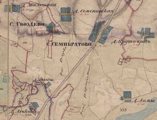 Семибратово и его окрестности, из «Атласа Ярославской губернии» 1858 года