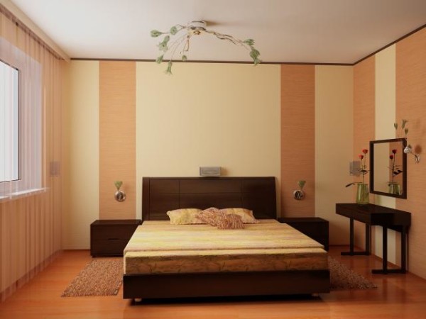 Консервативный дизайн спальни, выполненный в теплых тонах.