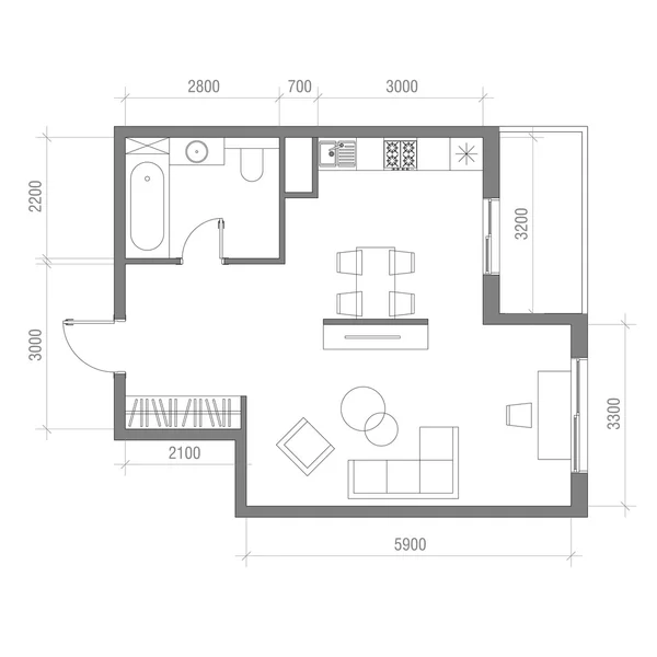 Архитектурный план этажа с размерами. Квартира-студия векторные иллюстрации. Набор мебели вид сверху. Гостиная, кухня, Ванная комната. Диван, кресло, кровать, обеденный стол, стул, ковер — стоковый вектор