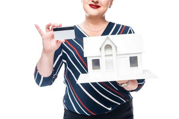 Cropped Image Female Realtor Showing Maquette New House Credit Card — стоковое фото